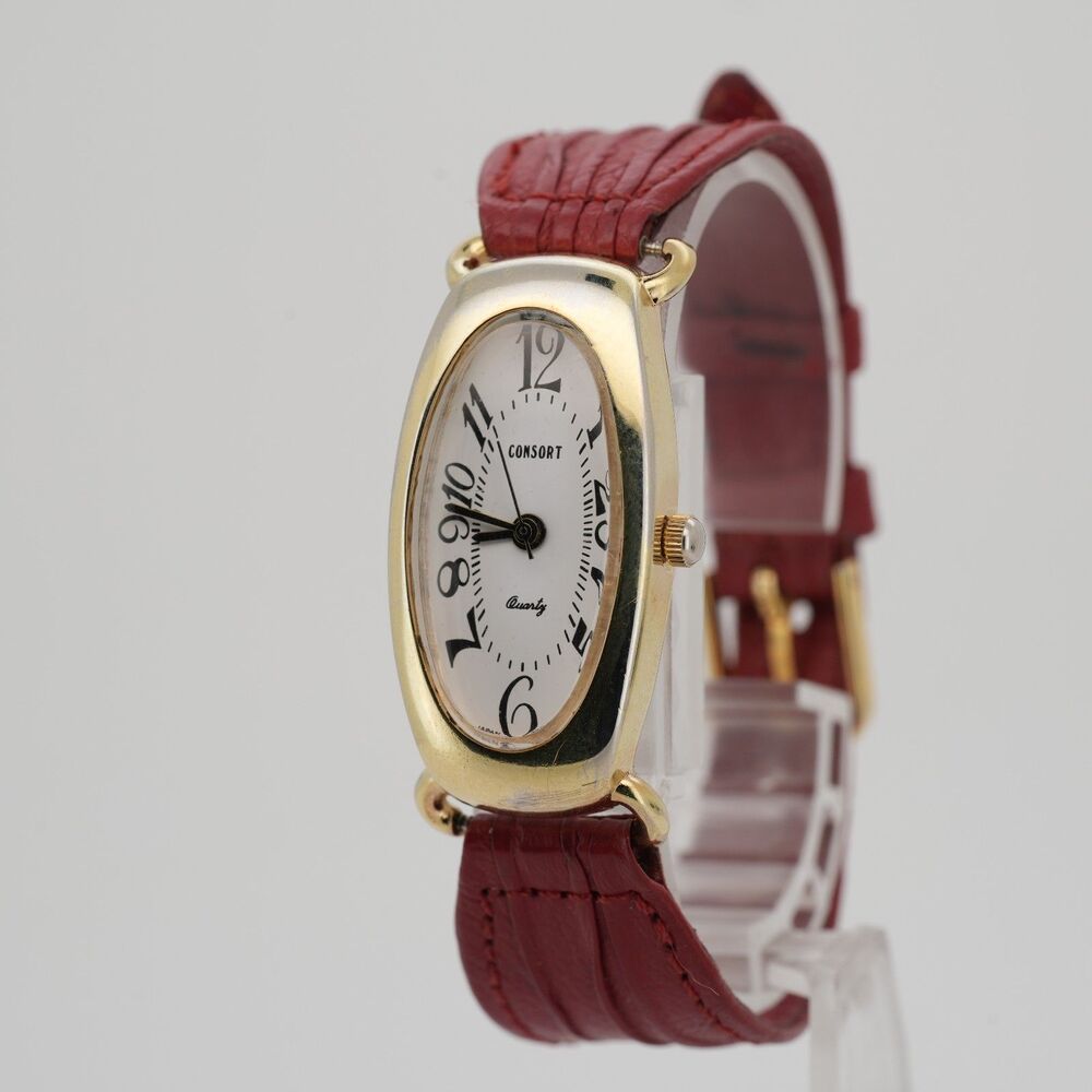 Vintage Consort Akita 4GB1 Gold Tone Oval Women’s Watch Red Ribbon-Style Leather